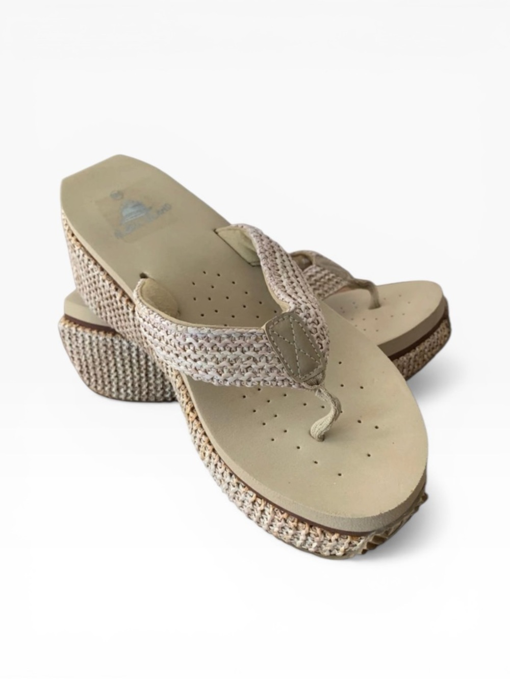 ALOHA Island Raffia Cushioned Thong Beachy Wedge Sandals Sz 9